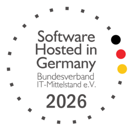Logo der Auszeichnung Software Hosted in Germany 2026 des Bundesverbands IT-Mittelstand – verliehen an BCS von Projektron für Hosting, Datensicherheit und Zukunftsfähigkeit