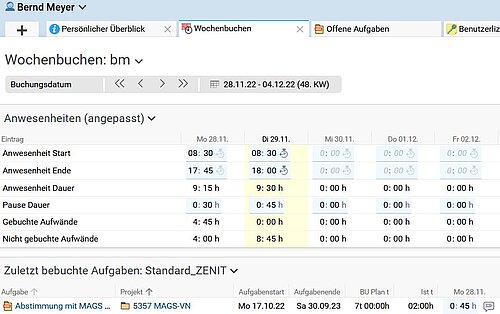 Vue de la comptabilisation hebdomadaire dans BCS de Zenit GmbH