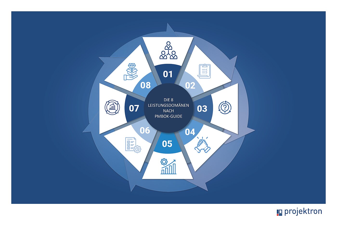 Kreisgrafik mit den acht Leistungsdomänen nach PMBOK Guide Edition 7: Stakeholder, Planung, Unsicherheit, Team, Leistungsmessung, Wertlieferung, Steuerung und Projektarbeit – als vernetztes System dargestellt.