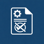 Icon mit Dokument, Zahnrad und Häkchen als Symbol für formal definierte, aber nicht gelebte Projekt Governance. Icon mit Dokument, Zahnrad und Häkchen als Symbol für formal definierte, aber nicht gelebte Projekt Governance.
