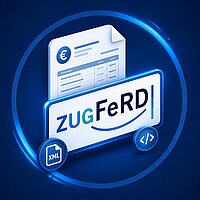 The ZUGFeRD format combines a readable PDF invoice with embedded XML data, supporting efficient digital invoice workflows. Symbolic visualization of a ZUGFeRD invoice as a PDF/A-3 document with embedded XML data for electronic invoice processing.