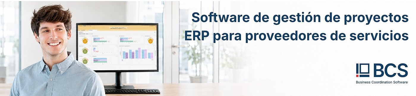 La imagen de cabecera del software de gestión de proyectos y ERP BCS de Projektron muestra un moderno panel de control con vista general del proyecto, planificación de recursos y registro de tiempos para empresas de servicios con el fin de optimizar proyectos y procesos empresariales.