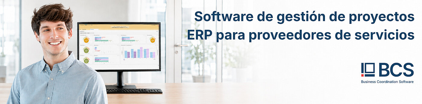 La imagen de cabecera del software de gestión de proyectos y ERP BCS de Projektron muestra un moderno panel de control con vista general del proyecto, planificación de recursos y registro de tiempos para empresas de servicios con el fin de optimizar proyectos y procesos empresariales.