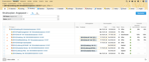 The "Work breakdown structure" view provides a quick overview of the tasks and dependencies within the projects.