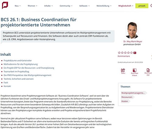 Screenshot der Softwarebesprechung „BCS 26.1: Business Coordination für projektorientierte Unternehmen“ im projektmagazin (Quelle: projektmagazin.de, abgerufen am 30.03.2026)