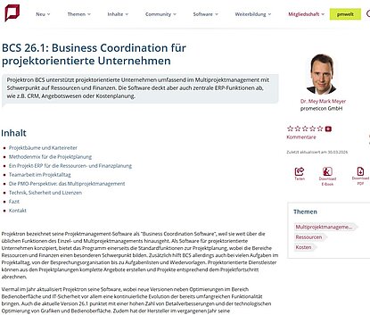 Screenshot eines Fachartikels im projektmagazin zur Softwarebesprechung BCS 26.1 mit Fokus auf Multiprojektmanagement, Ressourcen und Finanzen
