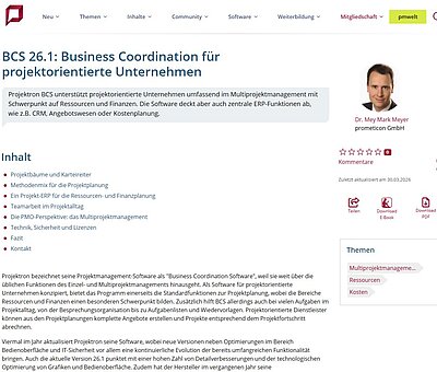 Screenshot der Softwarebesprechung „BCS 26.1: Business Coordination für projektorientierte Unternehmen“ im projektmagazin (Quelle: projektmagazin.de, abgerufen am 30.03.2026)