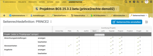 Screenshot der Rechteverwaltung in BCS mit Rechtedefinition nach PRINCE2 Projektrollen.