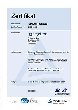 Das aktuelle TÜV-Rheinland-Zertifikat bestätigt, dass das Informationssicherheitsmanagementsystem der Projektron GmbH die Anforderungen der ISO/IEC 27001:2022 erfüllt und zusätzliche Maßnahmen nach ISO/IEC 27017:2015 und ISO/IEC 27018:2019 umfasst. ISO/IEC 27001:2022-Zertifikat des TÜV Rheinland für die Projektron GmbH mit zusätzlichen Maßnahmen nach ISO/IEC 27017 und ISO/IEC 27018