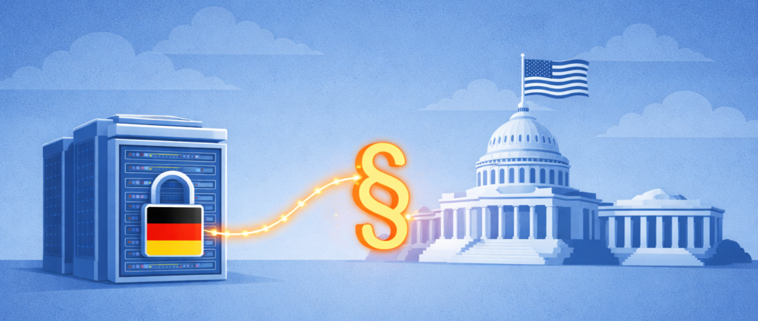 Server mit deutschem Schloss verbunden mit US-Regierungsgebäude als Symbol für CLOUD Act Zugriff