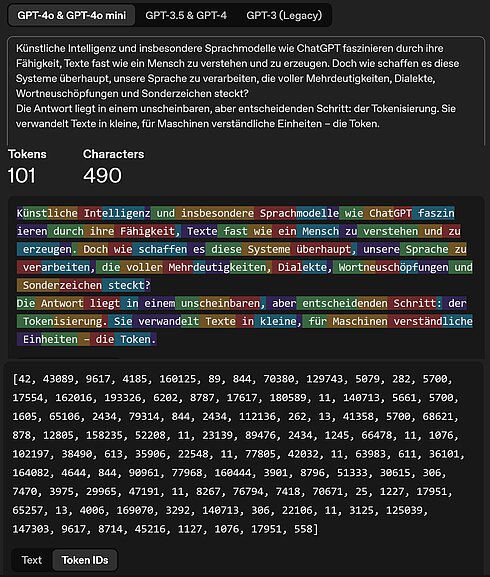 Screenshot des OpenAI Tokenizers mit deutscher Tokenisierung einer Einleitung.