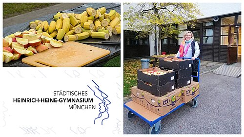 Collage of a Projektron employee providing organizational support for the charity run at Heinrich Heine Gymnasium.