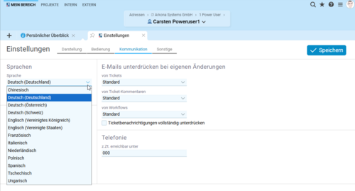 Screenshot der Sprachauswahl in Projektron BCS mit einer Auswahl von zehn Sprachversionen.
