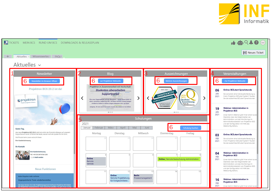 Prototype of the Projektron support portal, dashboard design proposal by the students of Reutlingen University.