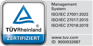 Label TÜV Rheinland attestant la certification ISO/IEC 27001:2022 de Projektron GmbH, avec des mesures supplémentaires selon ISO/IEC 27017 et ISO/IEC 27018. Label TÜV Rheinland pour la certification ISO/IEC 27001:2022 de Projektron GmbH