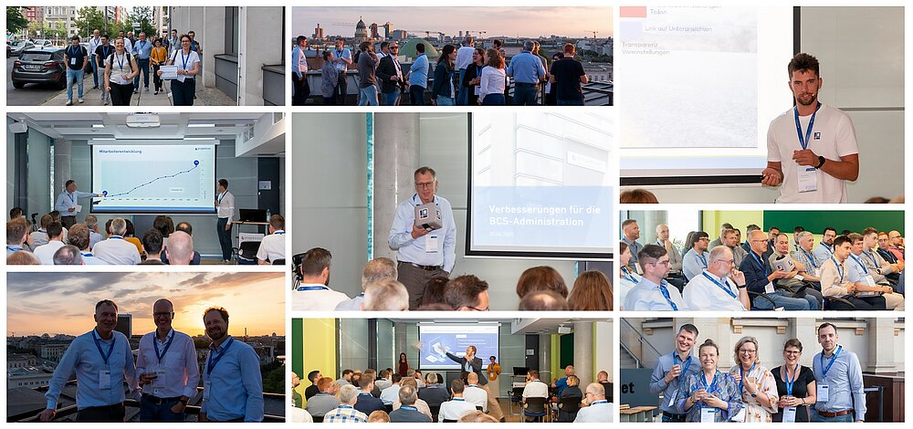 Collage mit Fotos von der Projektron Anwenderkonferenz 2025: Teilnehmer bei Fachvorträgen, Gespräche im Konferenzraum und geselliges Beisammensein im Restaurant Baret in Berlin