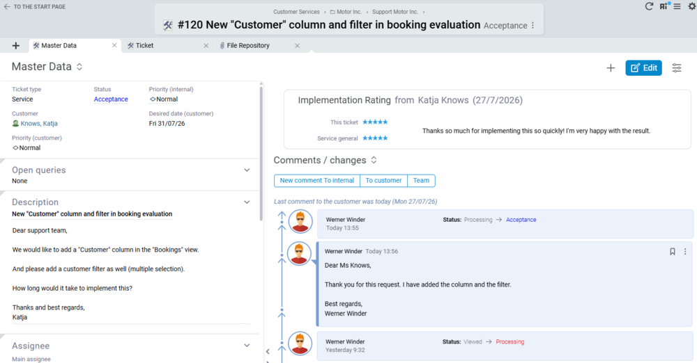 Ticket in BCS showing a customer satisfaction survey with star ratings for the implementation and overall service, as well as a customer comment.