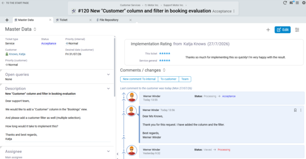 Ticket in BCS showing a customer satisfaction survey with star ratings for the implementation and overall service, as well as a customer comment.
