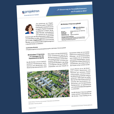Symbolisches Titelbild zum Anwenderbericht „IT-Steuerung im Gesundheitswesen mit Projektron BCS“: Darstellung einer modernen IT-Landschaft mit medizinischem Bezug – vernetzte Kliniken, digitale Projektplanung und transparente Datenanalyse.