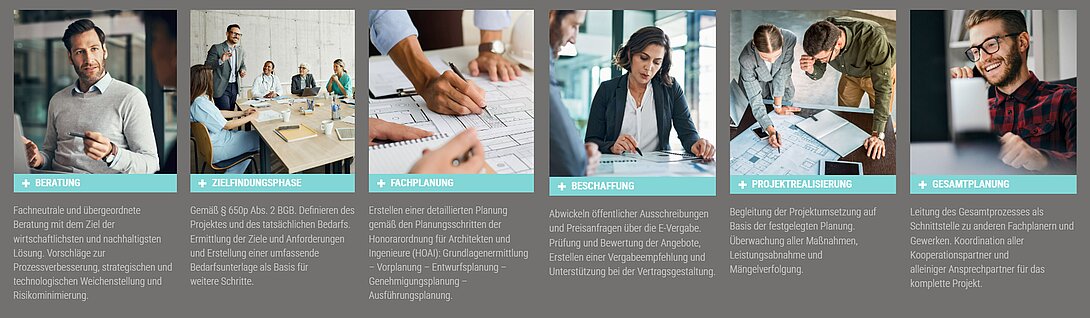 BIRKHOLZ+ provides services ranging from consulting and target definition to specialist planning, procurement, project implementation, and overall planning. More information is available on the website at https://birkholzplus.com/leistungen/ Overview of BIRKHOLZ+ services including consulting, target definition, specialist planning, procurement, project implementation, and overall planning