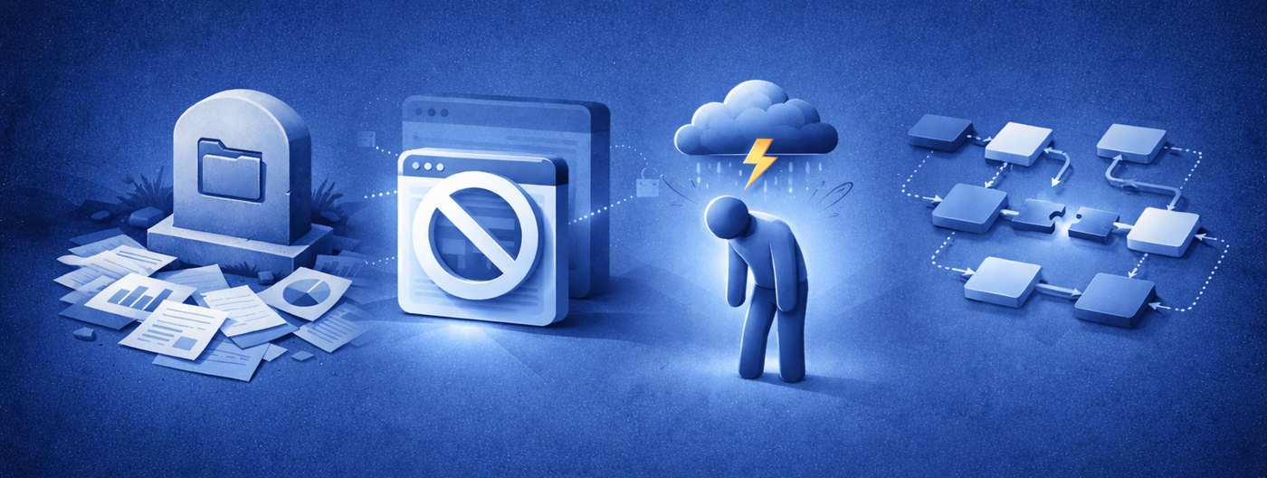 Illustration showing chaos with paper documents, blocked software, frustrated person, and disconnected process flows representing lack of digital ROI