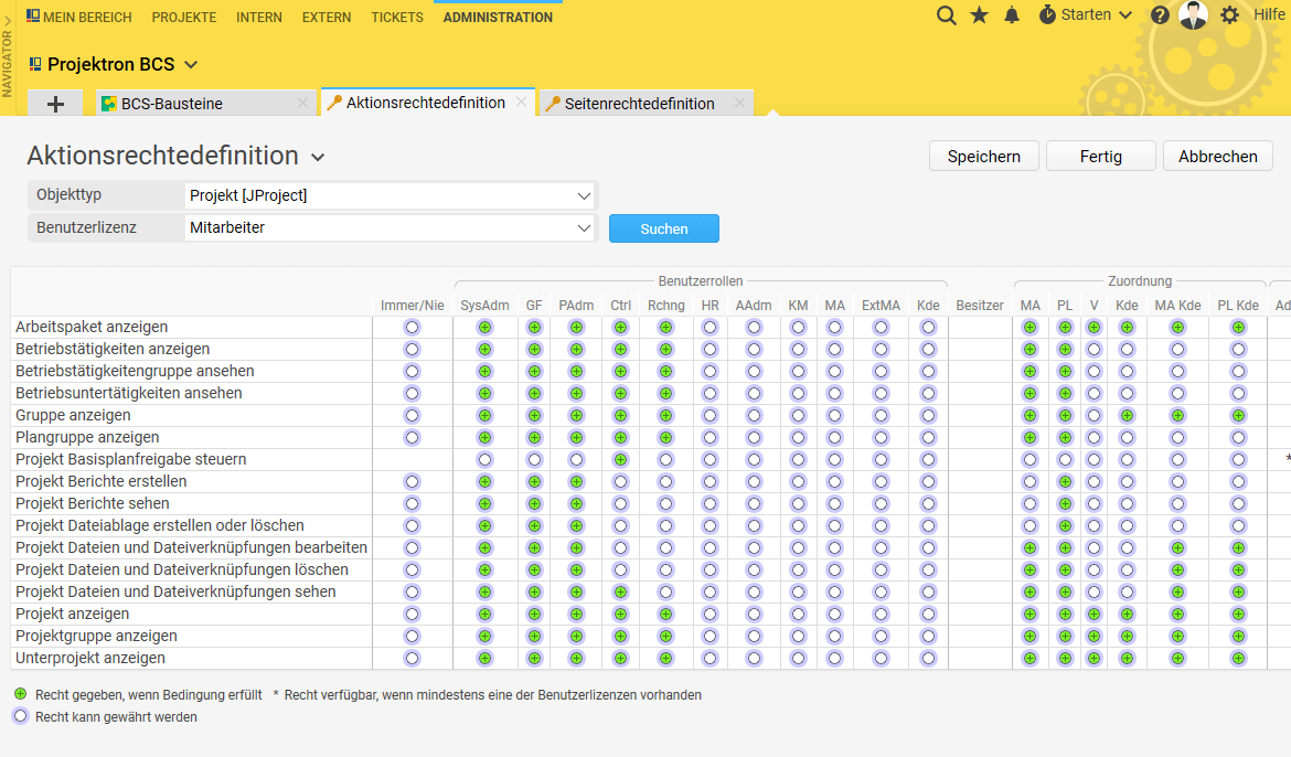 In der Projektron BCS-Rechtematrix passen Sie Rechte mit wenigen Klicks an