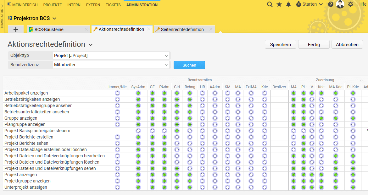 In der Projektron BCS-Rechtematrix passen Sie Rechte mit wenigen Klicks an