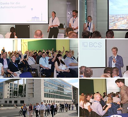 Collage mit Eindrücken der 10. Anwenderkonferenz, darunter Vorträge, Diskussionen, Teilnehmer, Mitarbeiter, Spaziergang durch Berlin und Abendveranstaltung im Fernsehturm.