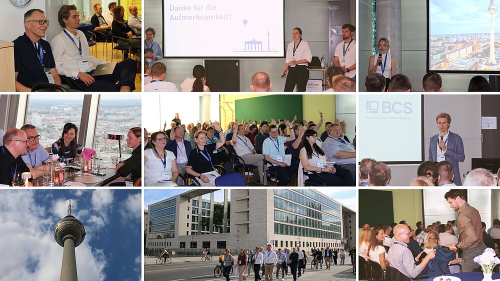Collage mit Eindrücken der 10. Anwenderkonferenz, darunter Vorträge, Diskussionen, Teilnehmer, Mitarbeiter, Spaziergang durch Berlin und Abendveranstaltung im Fernsehturm.