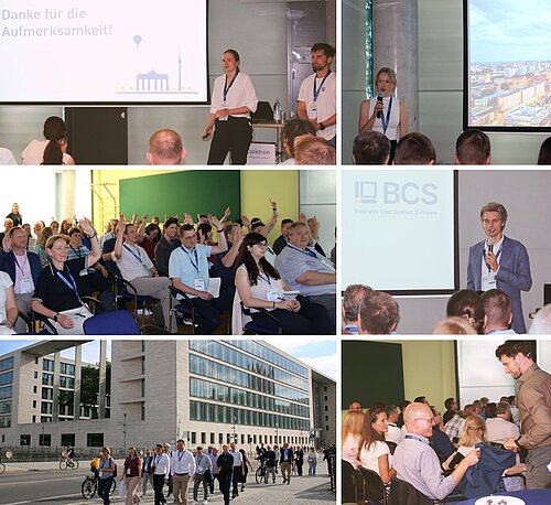 Impressionen der 10. Anwenderkonferenz: Fachvorträge, Diskussionen, Austausch und Abendveranstaltung in Berlin.