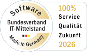 Logo der Auszeichnung Software Made in Germany 2026 des Bundesverbands IT-Mittelstand – verliehen an BCS von Projektron für Service, Qualität und Zukunft.