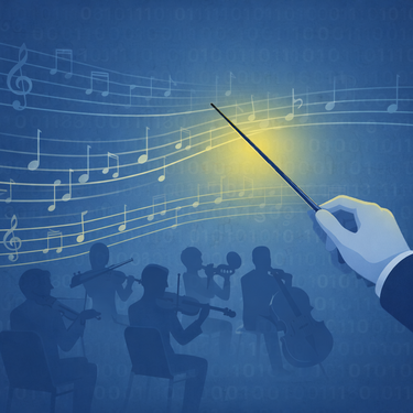 Abstrakte Darstellung eines Orchesters mit Notenlinien und Taktstock, die einen gemeinsamen Rhythmus symbolisieren und zeigen, dass Struktur den Takt vorgibt, während Menschen die eigentliche Leistung erbringen.