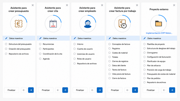 BCS ayuda a los usuarios mediante asistentes a crear y editar de forma estructurada distintos objetos, como presupuestos, citas, empleados, facturas y proyectos.