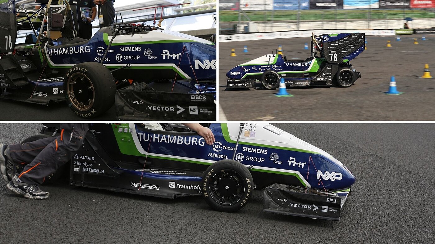 Von der Projektplanung bis zur Rennstrecke: Das studentische Team e-gnition Hamburg entwickelt den egn26 und organisiert seine Projektarbeit mit BCS. Fotos: e-gnition Hamburg Collage des elektrischen Rennwagens egn26 von e-gnition Hamburg bei Formula-Student-Einsätzen mit BCS Logo