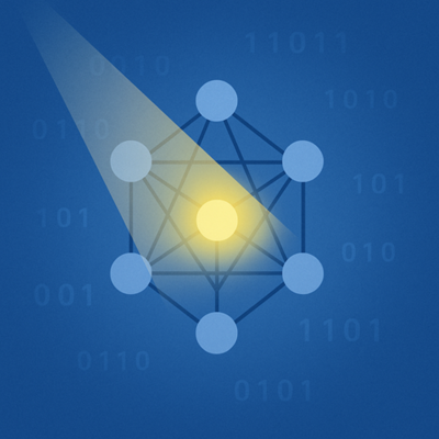 Ein neuronales Netz, in dem ein Scheinwerfer gezielt einen Knotenpunkt beleuchtet – Sinnbild für den Attention-Mechanismus, mit dem KI-Systeme wie Projektron KI relevante Informationen im Kontext erkennen.