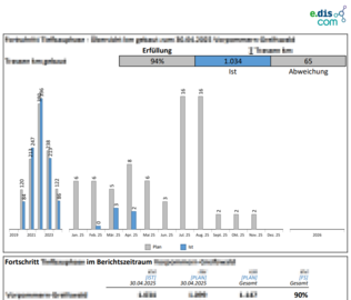 Screenshot eines projektbezogenen Fortschrittsberichts mit Phasenstruktur, CI-konform gestaltet für e.discom