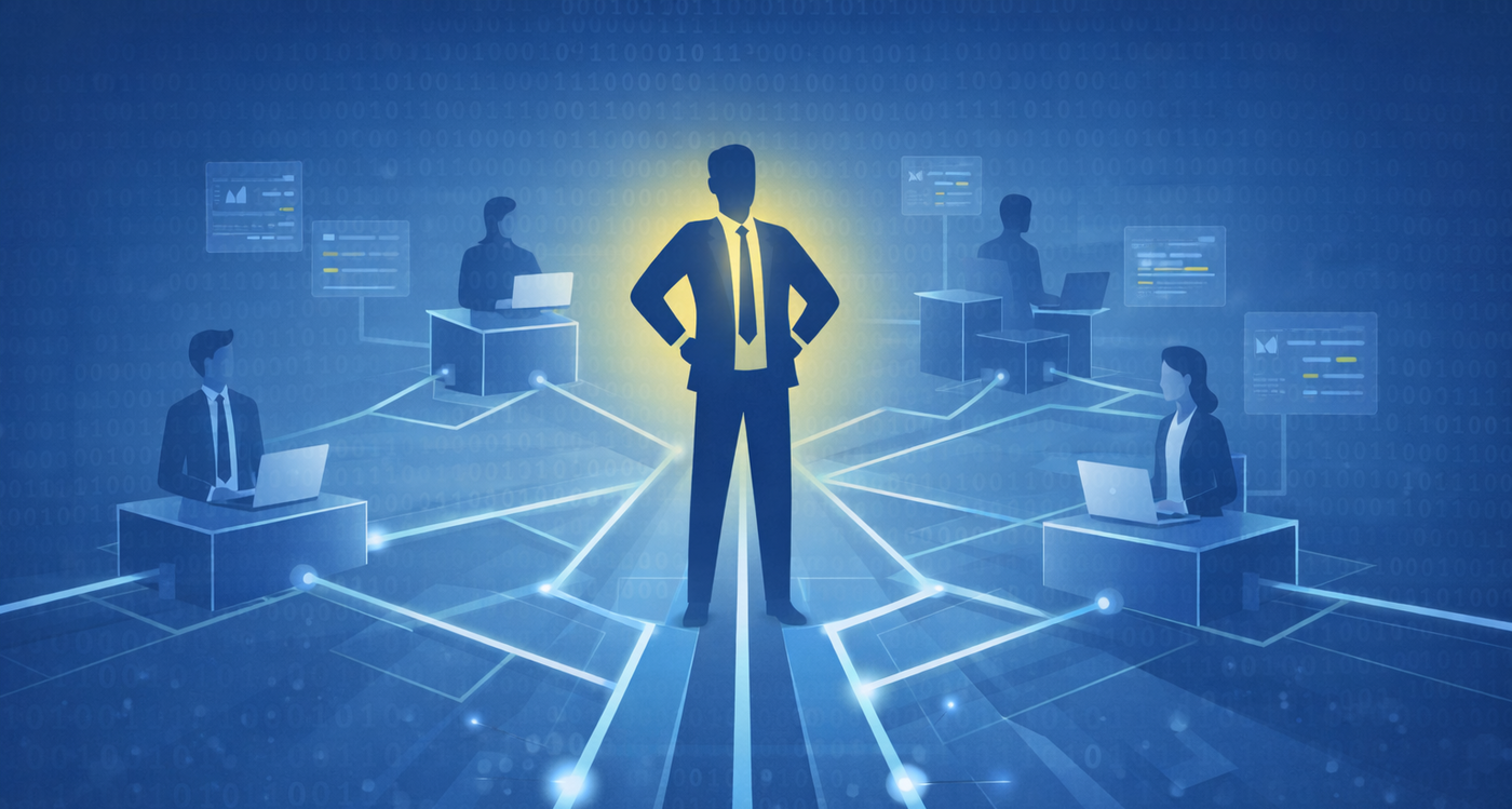 Abstrahierte Personen und Module sind über Ebenen und Linien verbunden und bilden gemeinsam einen Wertstrom. Der Fokus liegt auf Steuerung, Abstimmung und Führung in komplexen Organisationen. Abstrakte Darstellung von verbundenen Personen oder Modulen über mehrere Ebenen hinweg, die gemeinsam einen Wertstrom bilden und Führung, Abstimmung sowie Verantwortung in komplexen Organisationen symbolisieren.