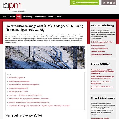 Screenshot des Artikels „Project Portfolio Management (PPM): Strategic Control for Sustainable Project Success“ auf der Website der IAPM International Association of Project Managers, verfasst von Kai Sulkowski von der Projektron GmbH.