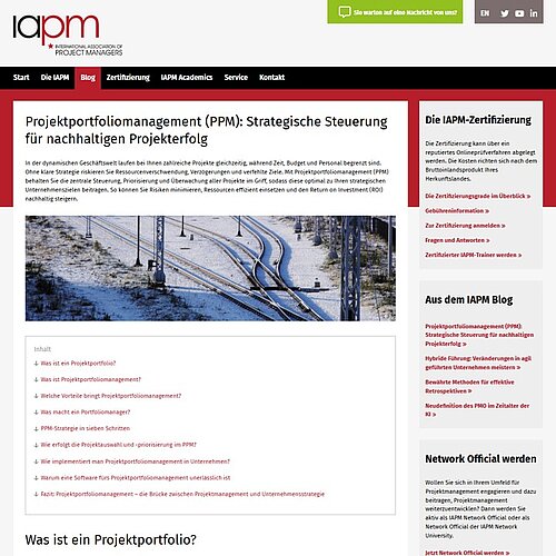 Screenshot des Artikels „Project Portfolio Management (PPM): Strategic Control for Sustainable Project Success“ auf der Website der IAPM International Association of Project Managers, verfasst von Kai Sulkowski von der Projektron GmbH.