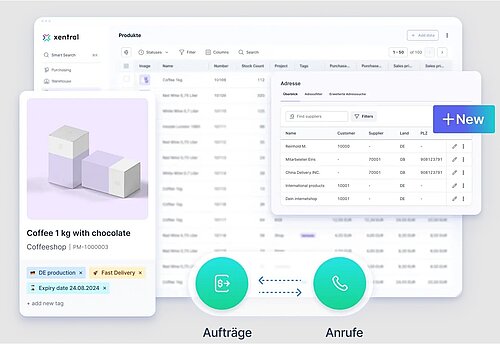 Collage aus Bedienelementen und Ansichten der ERP-Software Xentral, wie sie auf der Website des Anbieters gezeigt wird.