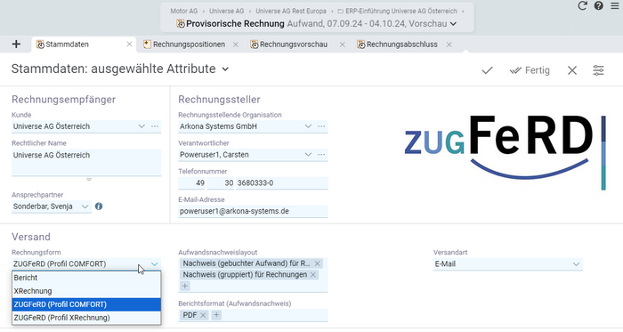 ZUGFeRD Format für E-Rechnungen in Projektron BCS
