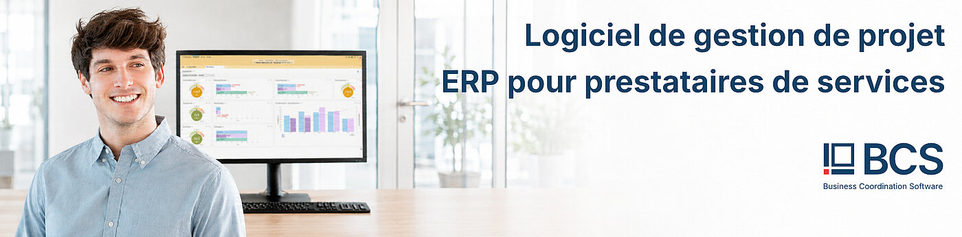 L'image d'en-tête du logiciel de gestion de projet et ERP BCS de Projektron montre un tableau de bord moderne avec aperçu du projet, planification des ressources et saisie des temps pour les entreprises de services afin d'optimiser les projets et les processus commerciaux.