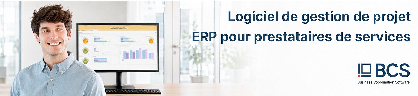 L'image d'en-tête du logiciel de gestion de projet et ERP BCS de Projektron montre un tableau de bord moderne avec aperçu du projet, planification des ressources et saisie des temps pour les entreprises de services afin d'optimiser les projets et les processus commerciaux.