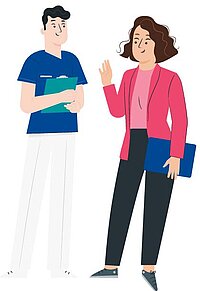 Eine Illustration zeigt zwei Mitarbeitende im Gespräch, die gemeinsam an der Umsetzung datenbasierter Entscheidungen arbeiten. Das Bild symbolisiert Kooperation, Digitalisierung und effizientes Projektmanagement im Gesundheitswesen im Rahmen der Einführung von Projektron BCS. Illustration von zwei Personen, die miteinander sprechen und Unterlagen halten, als Symbol für Zusammenarbeit und datenbasierte Entscheidungsfindung.