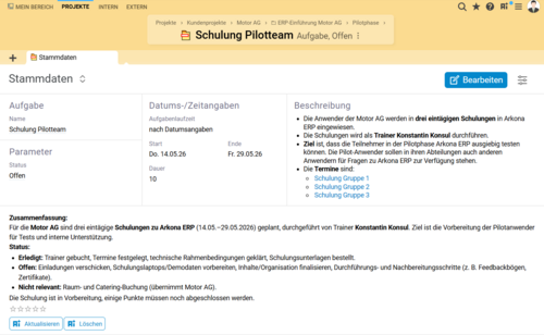 Screenshot des BCS KI-Assistenten mit automatischer Aufgaben-Zusammenfassung und integrierter Chat-Funktion.