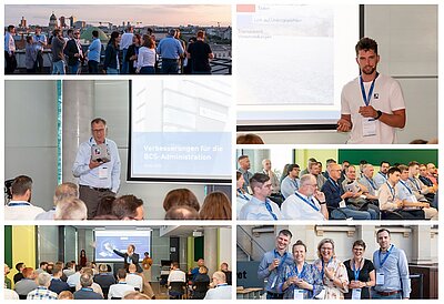 Collage mit Szenen der Projektron Anwenderkonferenz 2025: Gespräche zwischen Kunden und Projektron-Mitarbeitern, Einblicke in Vorträge und gemeinsame Diskussionen über Projektron BCS