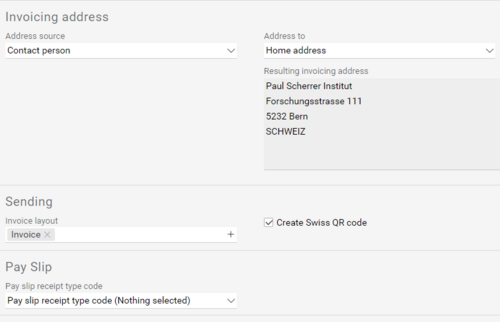 Screenshot of the user interface of Projektron BCS Release 20.3, showing the new QR invoice functions in the invoicing module. Invoices can be generated with Swiss QR Code and billed in accordance with Swiss standards.