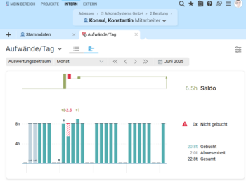 Screenshot des neuen Aufwandsdiagramms in Projektron BCS: Tagesansicht mit Balkendiagramm für Ist- und Sollarbeit sowie Abwesenheiten und dynamischer Skalierung.