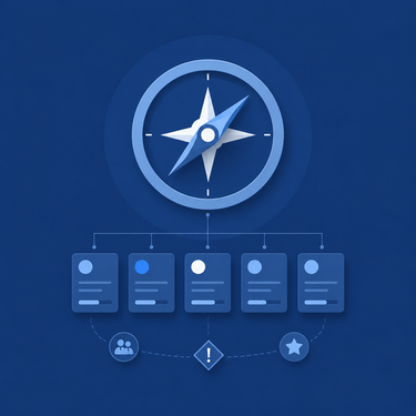 Illustration eines blauen Kompasses über mehreren Projektkarten als Symbol für PMO-Software, Projektportfoliomanagement, Ressourcensteuerung und datenbasierte Projektentscheidungen.