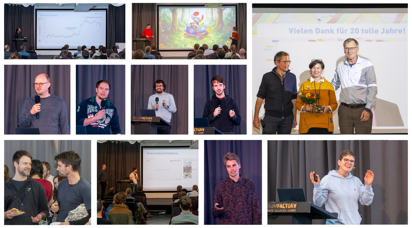 Collage vom Projektron Herbsttreffen 2025 in der Forum Factory Berlin: Mitarbeiter aller Standorte beim gemeinsamen Austausch, spannenden Vorträgen und dem anschließenden Ausklang beim Essen und Kickern. Fotocollage vom Projektron Herbsttreffen 2025 in der Berliner Forum Factory. Zu sehen sind Mitarbeitende verschiedener Standorte bei Vorträgen, Diskussionen und Gesprächen. Die Veranstaltung bot spannende Einblicke aus allen Abteilungen, darunter Entwicklung, Marketing und Geschäftsführung, und endete mit einem gemeinsamen Essen und Kickern im Büro.